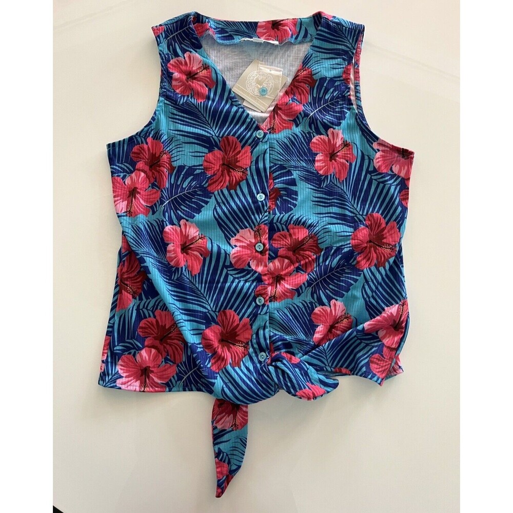 Tropical Tank Womens Large Pink Blue Button-Up Sleeveless Tie Knit Hawaiian NEW